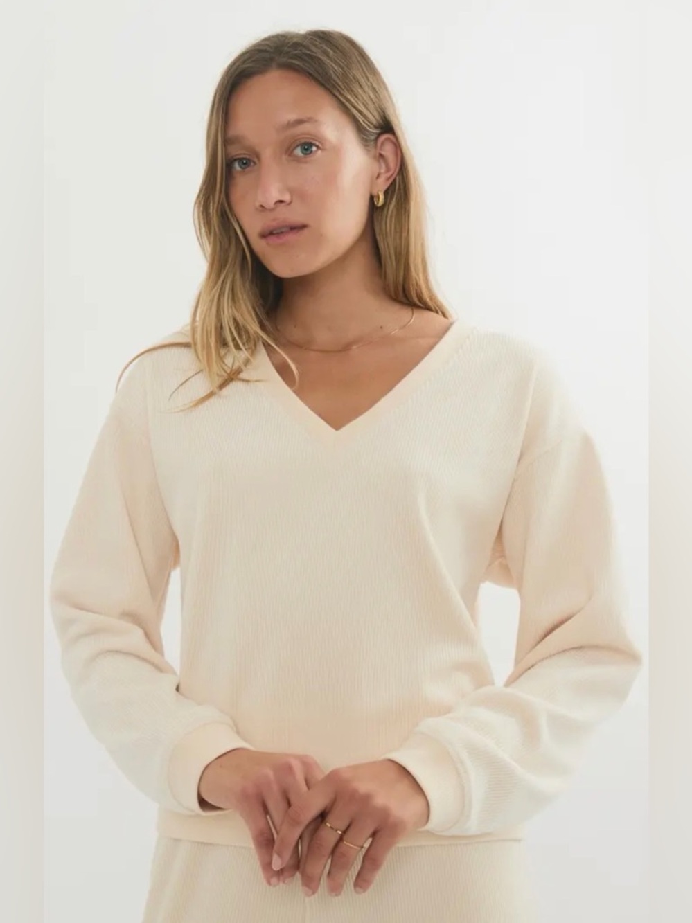 Marine Layer Rib Velour V-Neck Sweatshirt Long Sleeve Sweater Cream‎ Athleisure